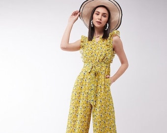 Designer Yellow & Blue Floral Print Jumpsuit For Women, Indo Western Dress, Party Wear Indian Dress, Jumpsuits With Ruffles, Fusion Wear