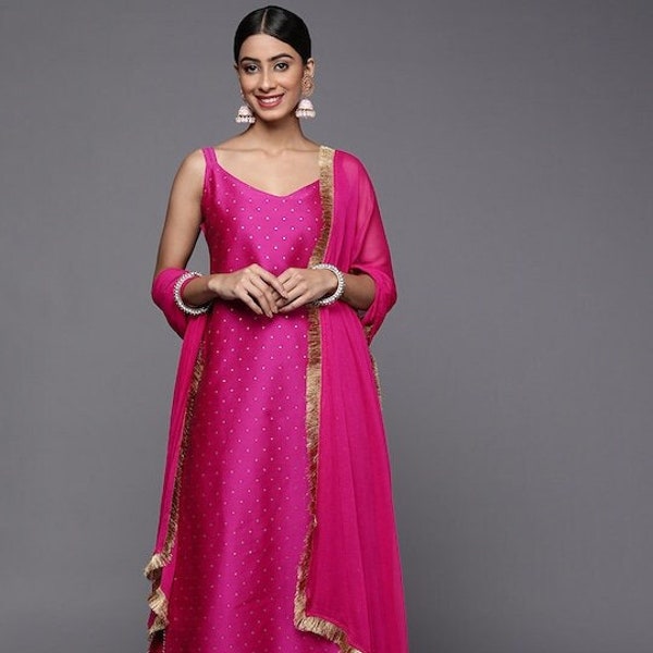 Designer Bollywood Silk Kurti With Trouser Pants And Dupatta For Women, Silk Kurti Set For Women, Party Wear Kurta Set, Indian Dress