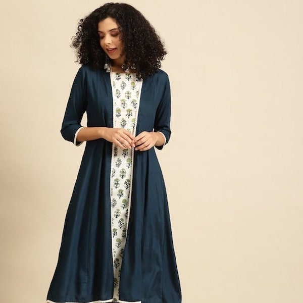 Ensemble kurta indien en coton pour femme, robe indienne pour femme, tenue indo-occidentale imprimée, robe anarkali, robe indienne avec veste