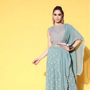 Designer Indian Crop Top With Palazzo And Dupatta Set, Indian Blouse With Palazzo, Indo Western Dress For Women, Indian Dress, Lehenga Choli