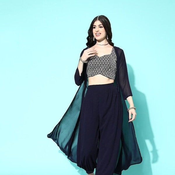 Haut court brodé pour femme avec pantalon Dhoti et veste longue, ensemble ethnique indo-occidental pour femme, costume de créateur en georgette pour elle
