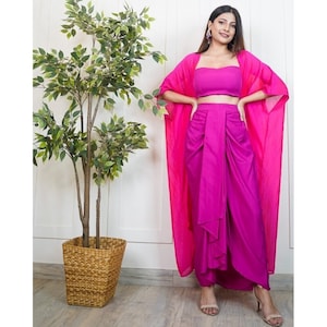 Women Solid Crop Top With Dhoti Skirt and Long Jacket Indo