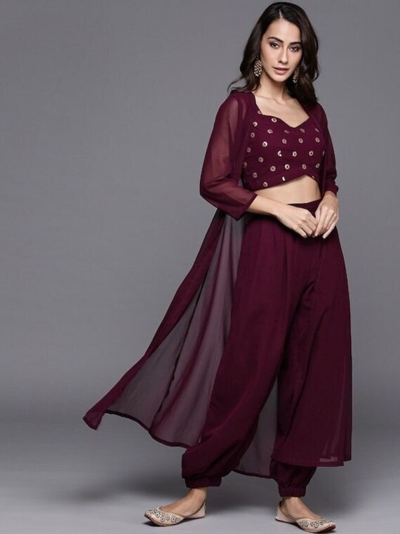 Women Sequin Crop Top With Dhoti Pants and Long Jacket, Indo