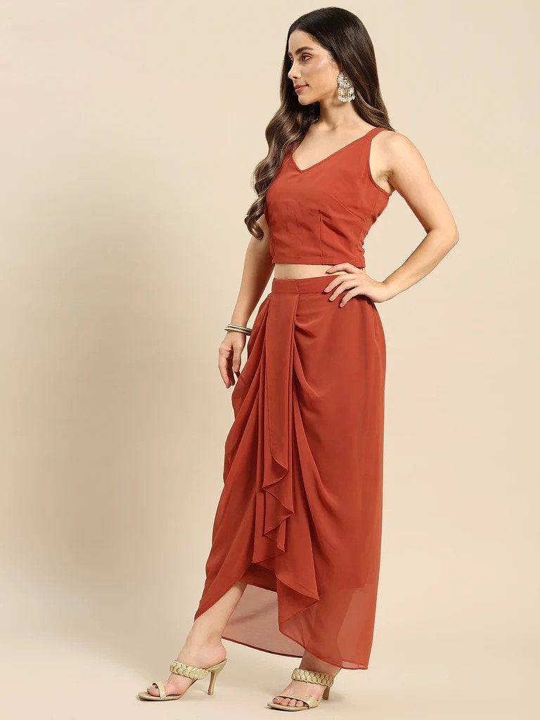 Women Crop Top With Draped Skirt and Shrug Set, Indo Western