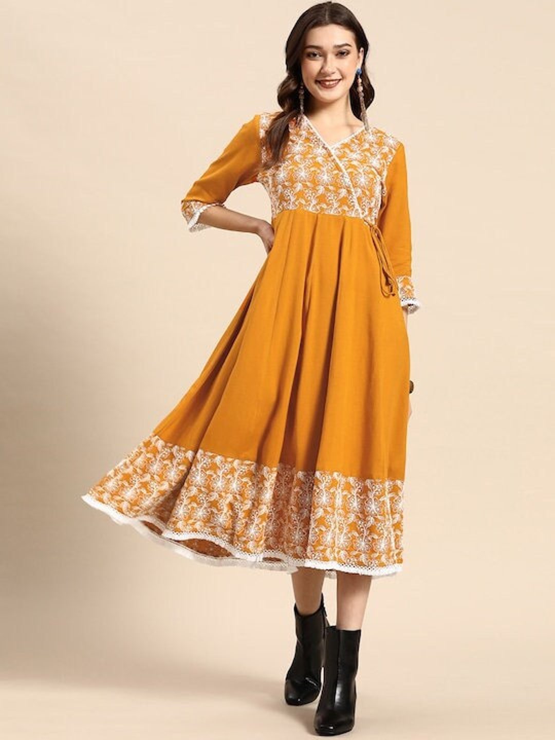 Floral Embroidered Lace Inserts Fringed Midi Wrap Dress Fit Etsy