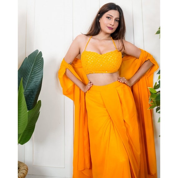 Women Embroidered Crop Top With Dhoti Skirt and Long Jacket Indo