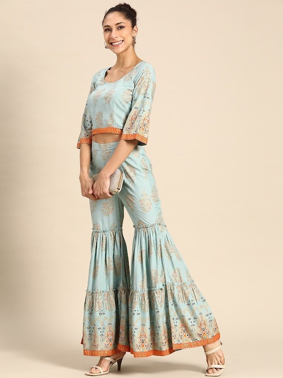 Buy Soup by Sougat Paul Floral Printed Overlap Top Paired With Sharara Pants  online