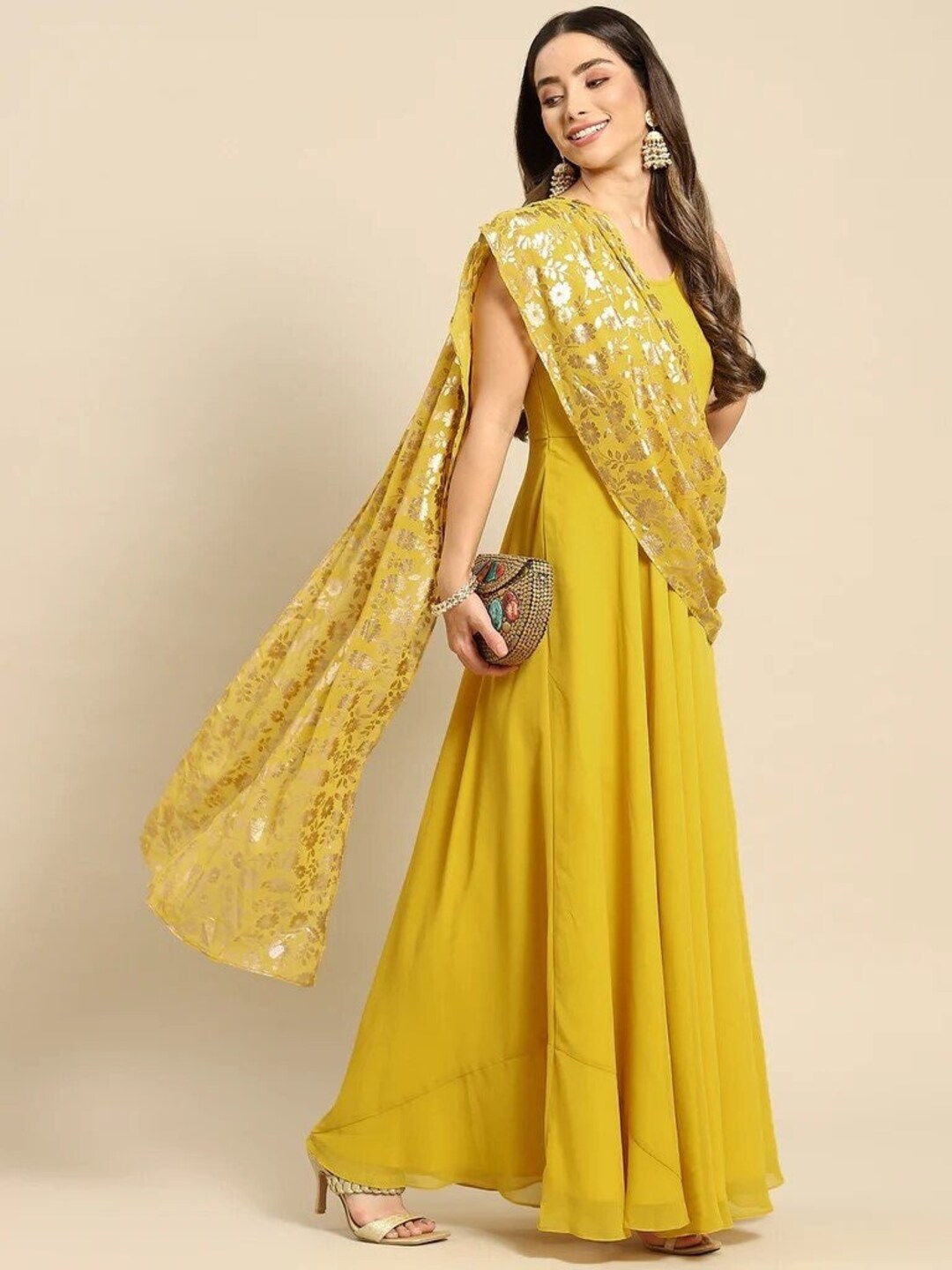 Women Long Flare Dress With Dupatta 