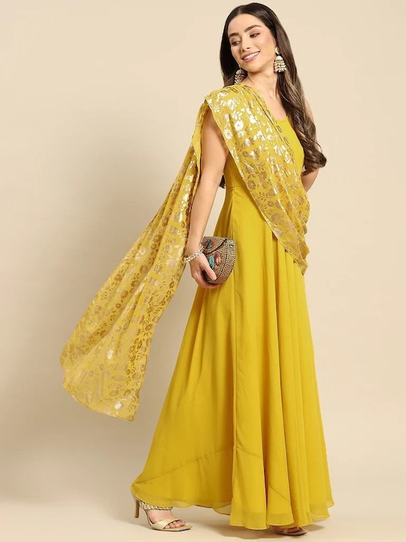 frill n flare ready to wear gown with duppta attached style saree cum gown  with mirror work waist belt georgette full flair gown with duppta and waist  belt