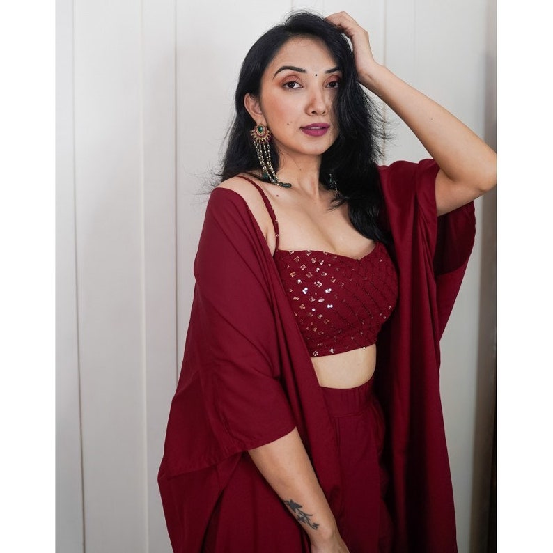 Women Sequin Crop Top With Dhoti Skirt and Long Jacket Indo Etsy