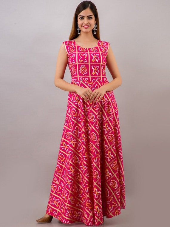 Beautiful bandhani Chiffon-silk Long Dress. | Bandhini dress, Silk dress  long, Bandhani dress