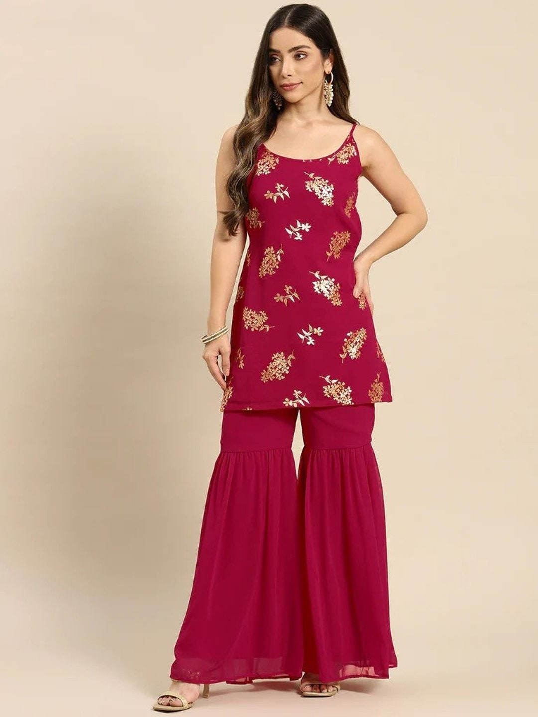 Nyla Pink Printed Cotton Kurti, Sharara & Dupatta Set – Old Marigold