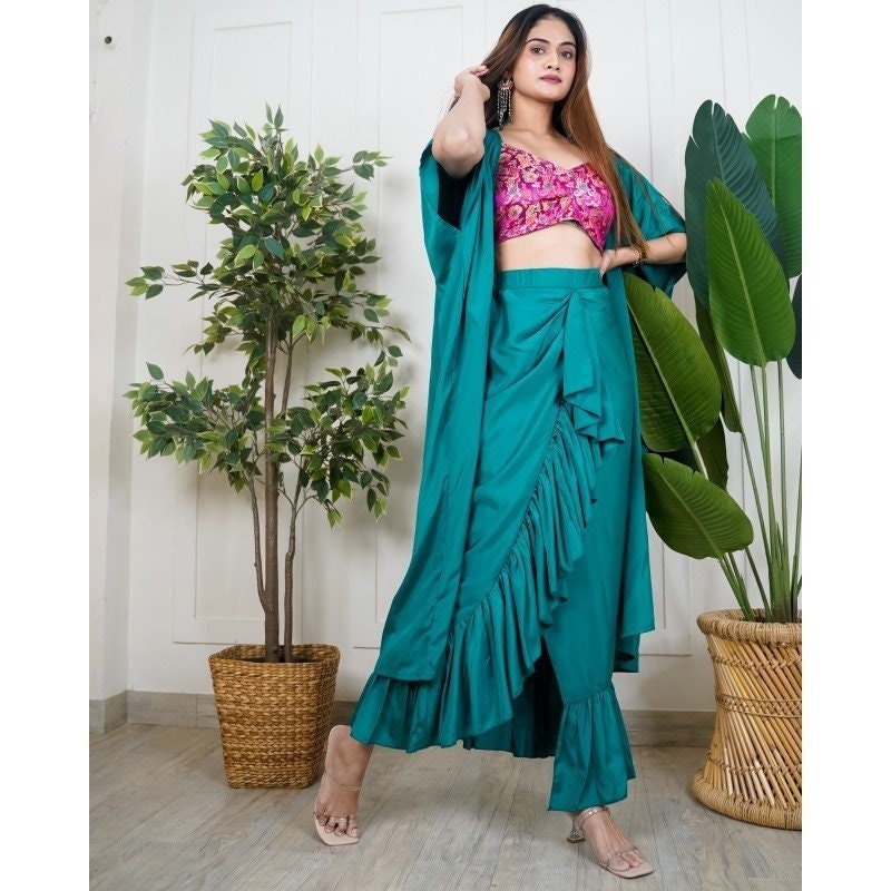 Women Brocade Crop Top With Dhoti Skirt and Long Jacket, Indo