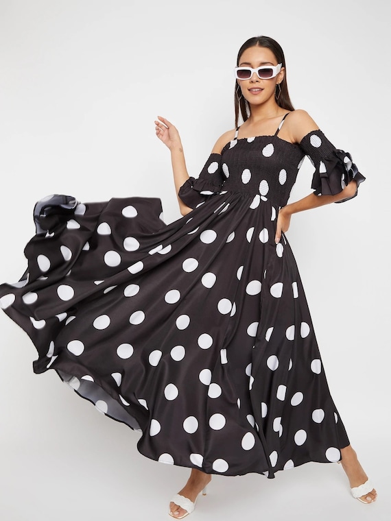 Women Black Base and White Polka Dot Printed Maxi Dress Indo