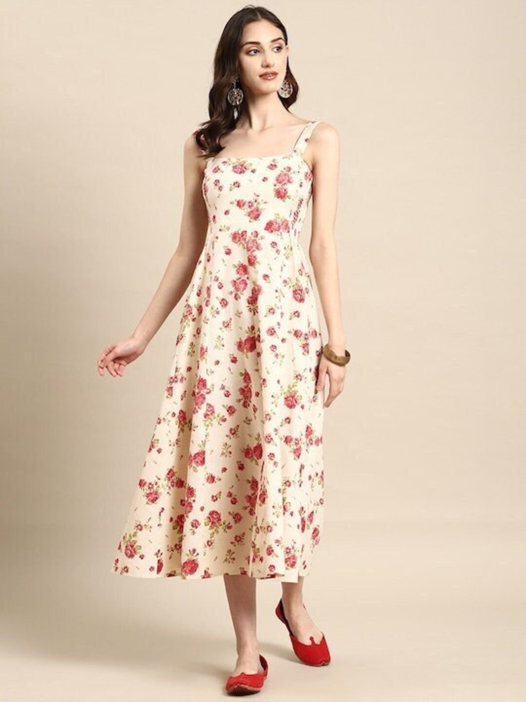 Indian Shoulder Strap Flared Midi Dress, Floral Print Sleeveless Indian Dress, Indowestern