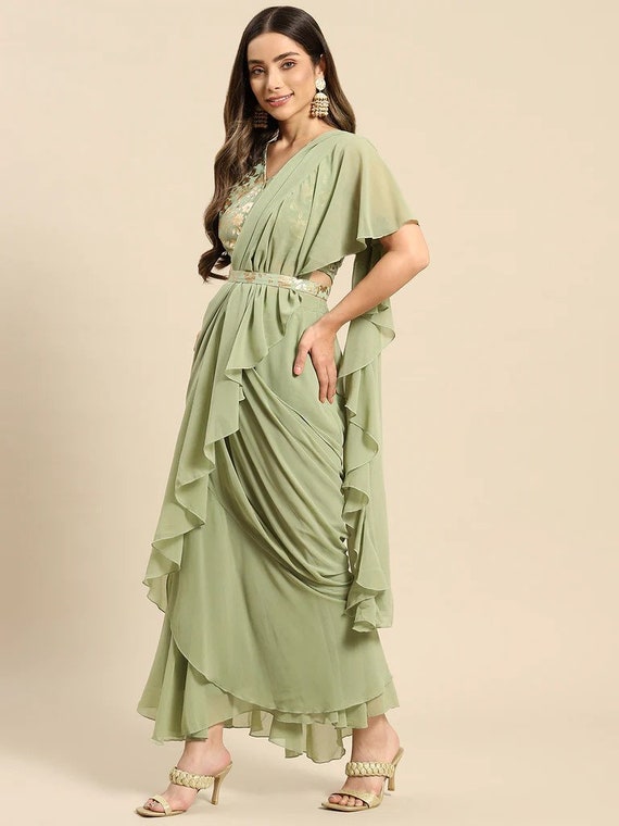 3191 Pista Ruffle Saree Gown – Shama's Collection