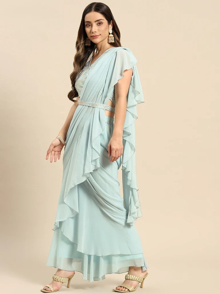 Ruffle Saree Gown with Feathers – Sonaakshi Raaj