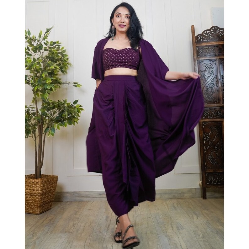 Women Sequin Crop Top With Dhoti Skirt and Long Jacket Indo Etsy
