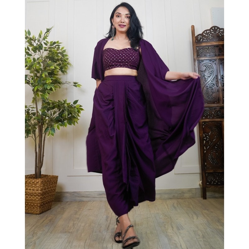 Sequin Embroidered Crop Top With Dhoti Pants And Long Jacket Set