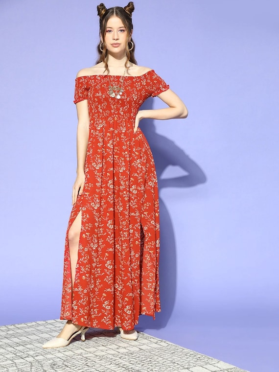 Janasya Women's Red Cotton Floral Print Tiered Western Dress, Gown at Rs  1149 in Surat