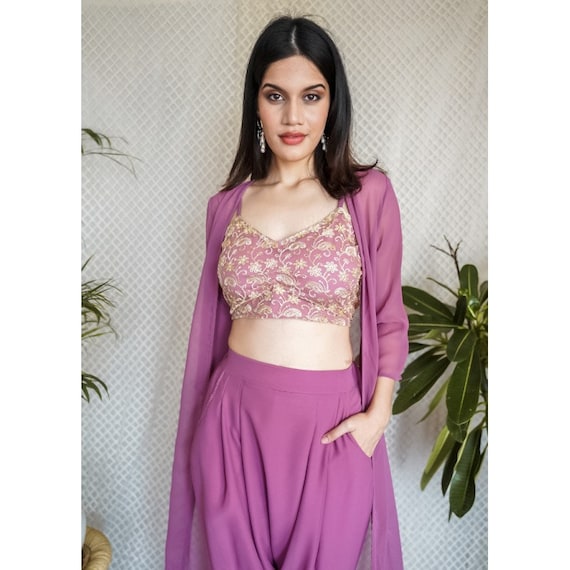 Designer Sequin Embroidered Crop Top With Dhoti Pants and Long