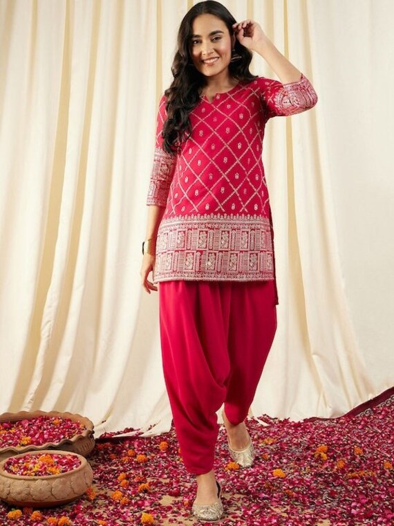 Ethnic Printed & Embroidered Anarkali Kurta with Dhoti Pants - Multi –  FASHOR