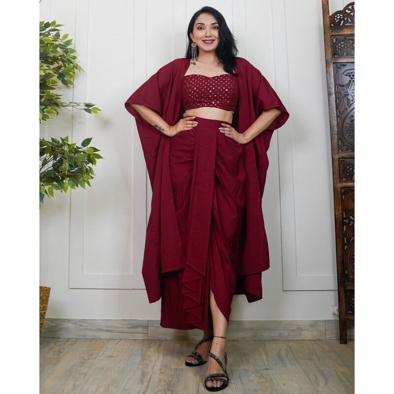 Sequin Crop Top With Dhoti Pants And Long Jacket Indowestern Set