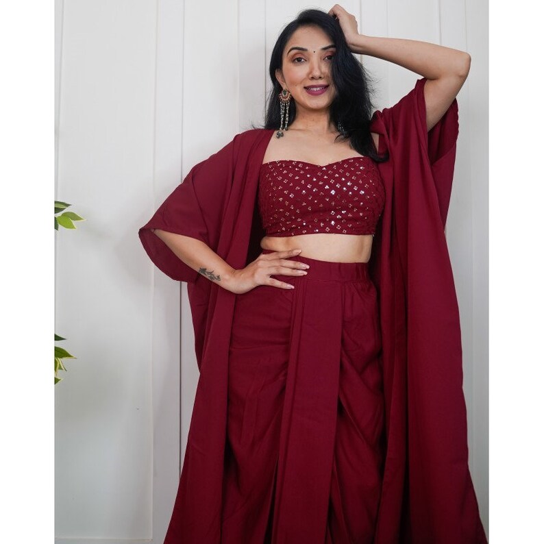 Women Sequin Crop Top With Dhoti Skirt and Long Jacket Indo Etsy