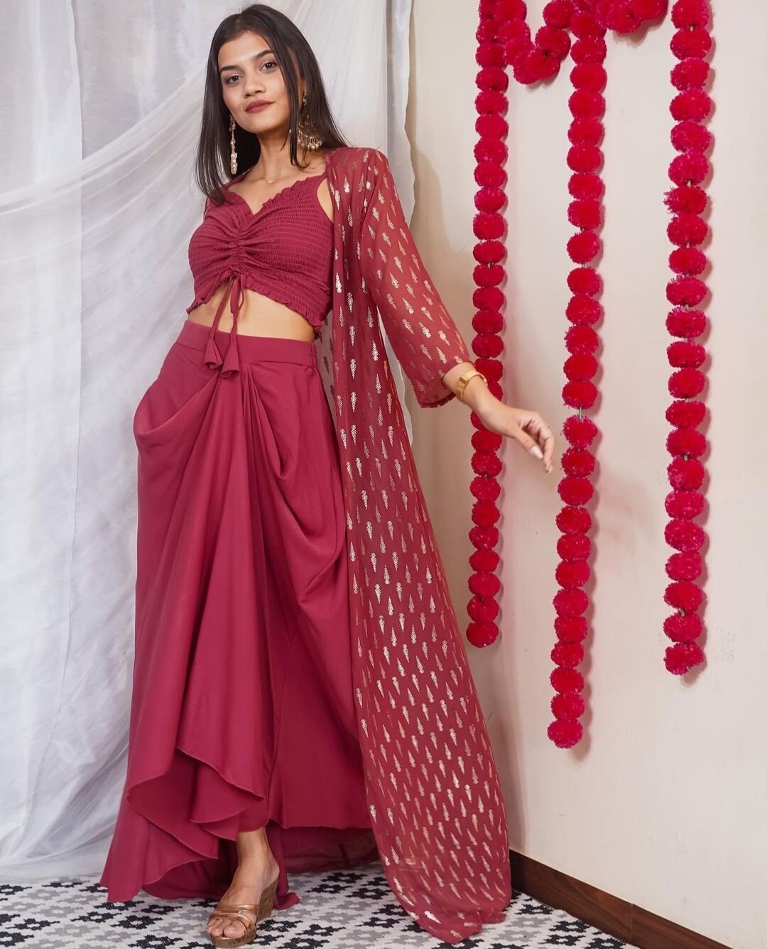 Designer Indian Crop Top With Dhoti Skirt and Long Jacket Set Etsy UK