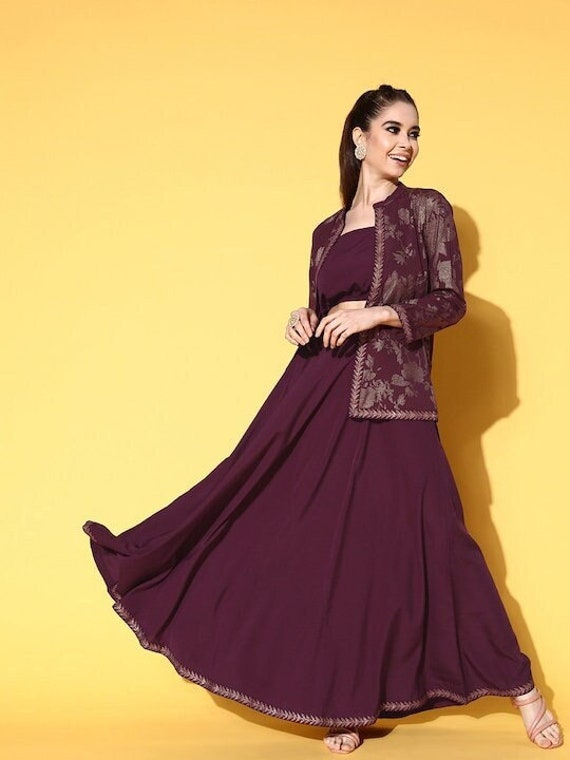 Gold Printed Designer Jacket Style Long Georgette Indo Western Dress –  Missprint India