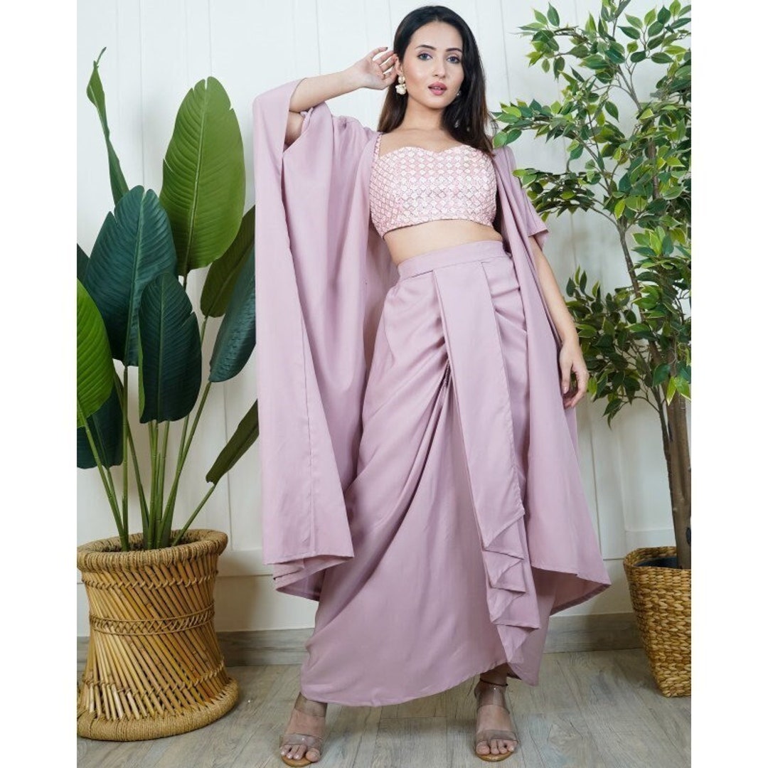 Crop top and long skirt with long jacket top