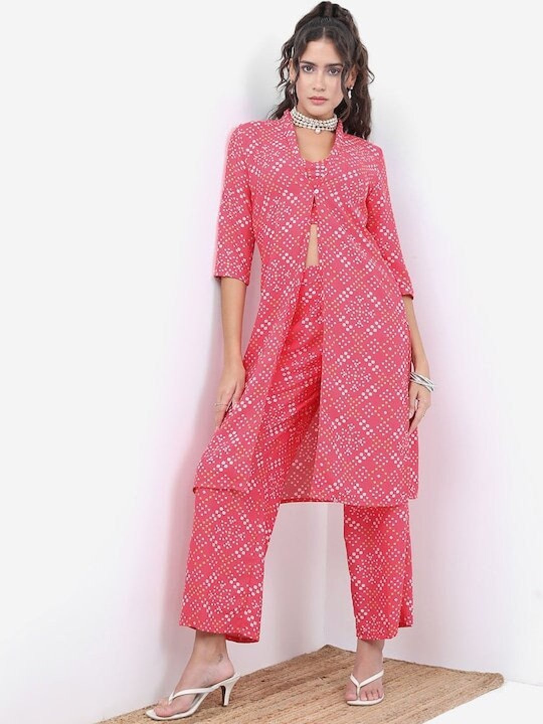 Pink Bandhani Printed Crop Top With Trousers & Jacket Set for Women ...
