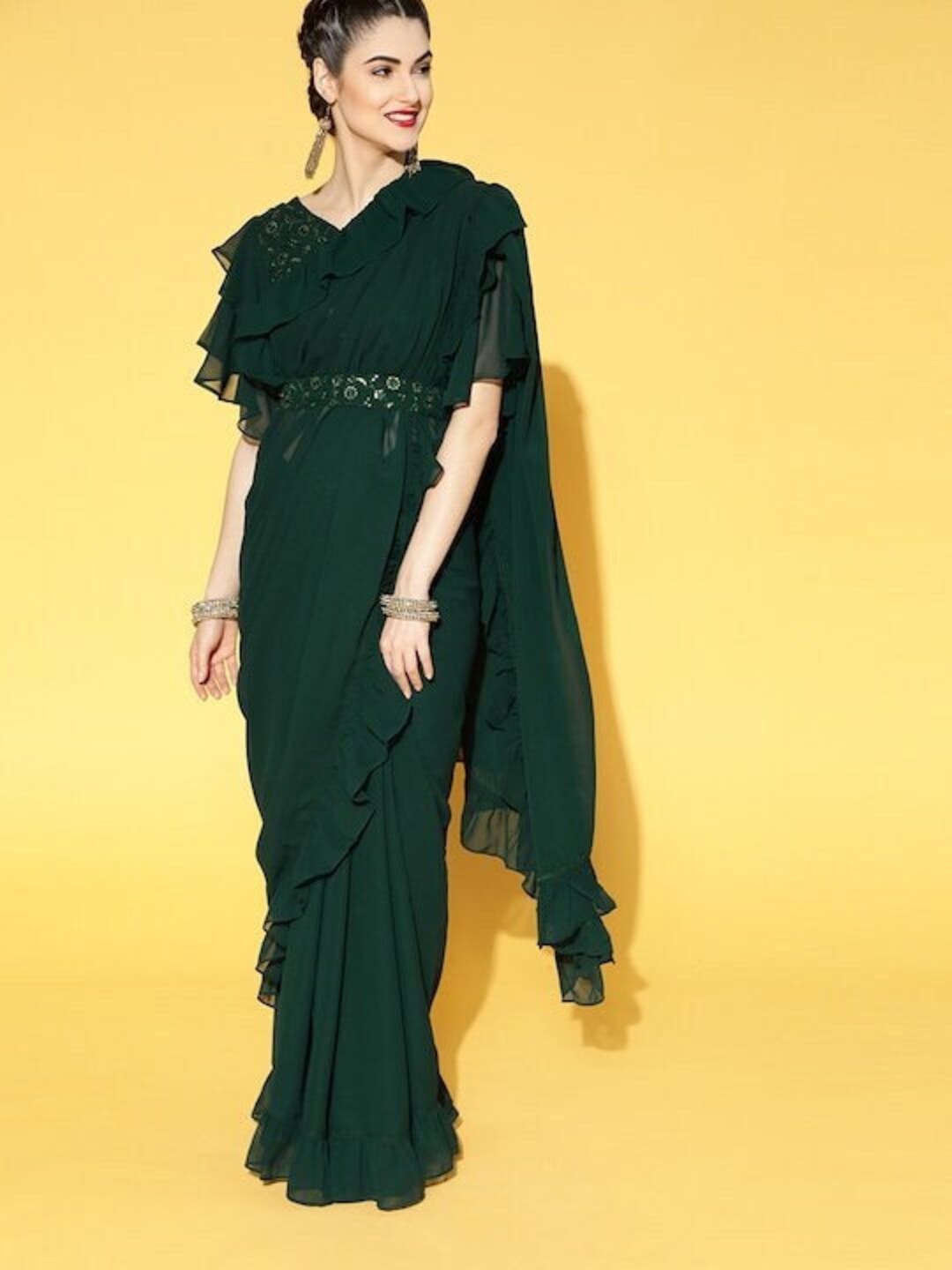 Ready To Wear Saree | Self Design Crop Top & Skirt With Attached Dupatta Co-ord Set