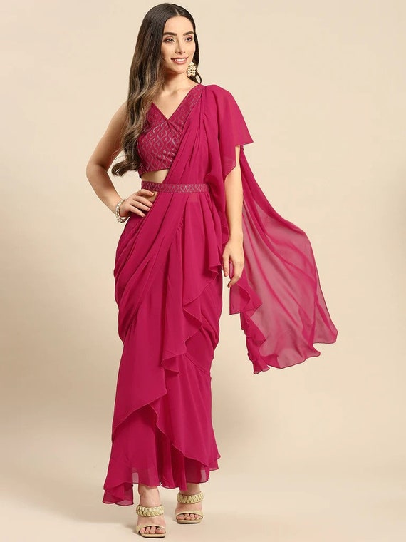 Red lycra readymade one minute skirt saree 1015793a | Wedding saree indian,  Indian party wear, Saree