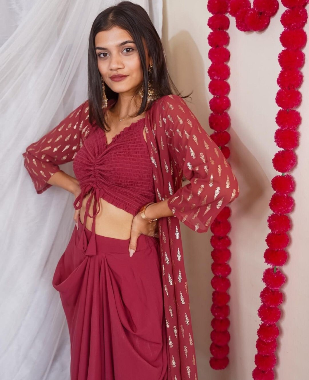 Designer Indian Crop Top With Dhoti Skirt and Long Jacket Set Etsy UK