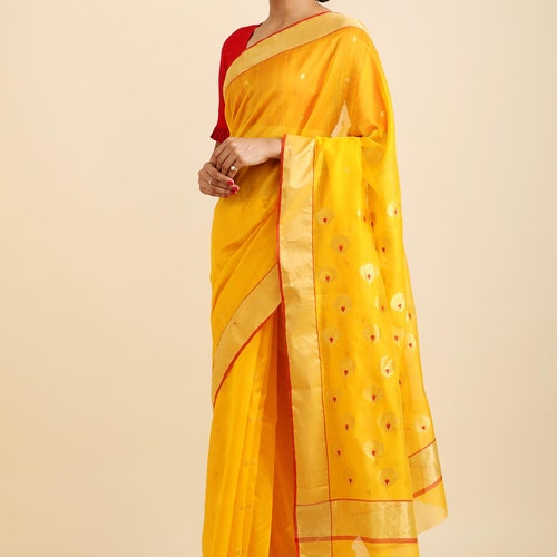 Haldia Chanderi Cotton Silk Saree for Women, Yellow Handloom Chanderi Cotton Silk Saree With Gold shops Zari Border And Small Butis All Over