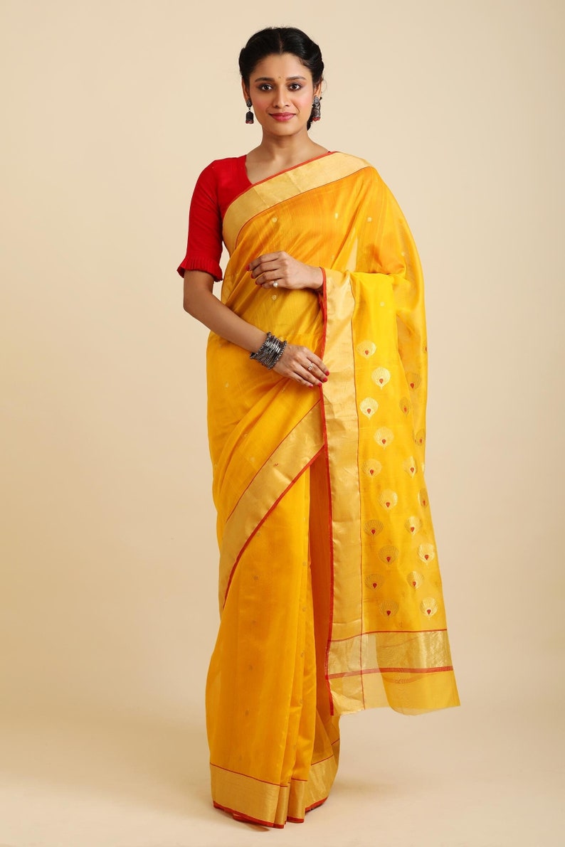 Haldia Chanderi Cotton Silk Saree for Women, Yellow Handloom Chanderi Cotton Silk Saree With Gold shops Zari Border And Small Butis All Over