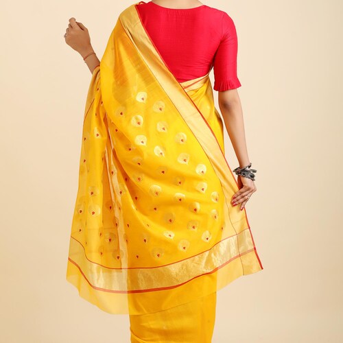 Haldia Chanderi Cotton Silk Saree for Women, Yellow Handloom Chanderi Cotton Silk Saree With Gold shops Zari Border And Small Butis All Over