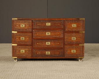 Vintage Campaign Style Inlaid Walnut Dresser Chest, Brass Inlay Carved Wood 10 Drawer Cabinet
