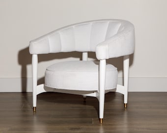 Vintage Mid-Century Modern Barrel Back Lounge Chair with White Lacquer & Bouclé Upholstery