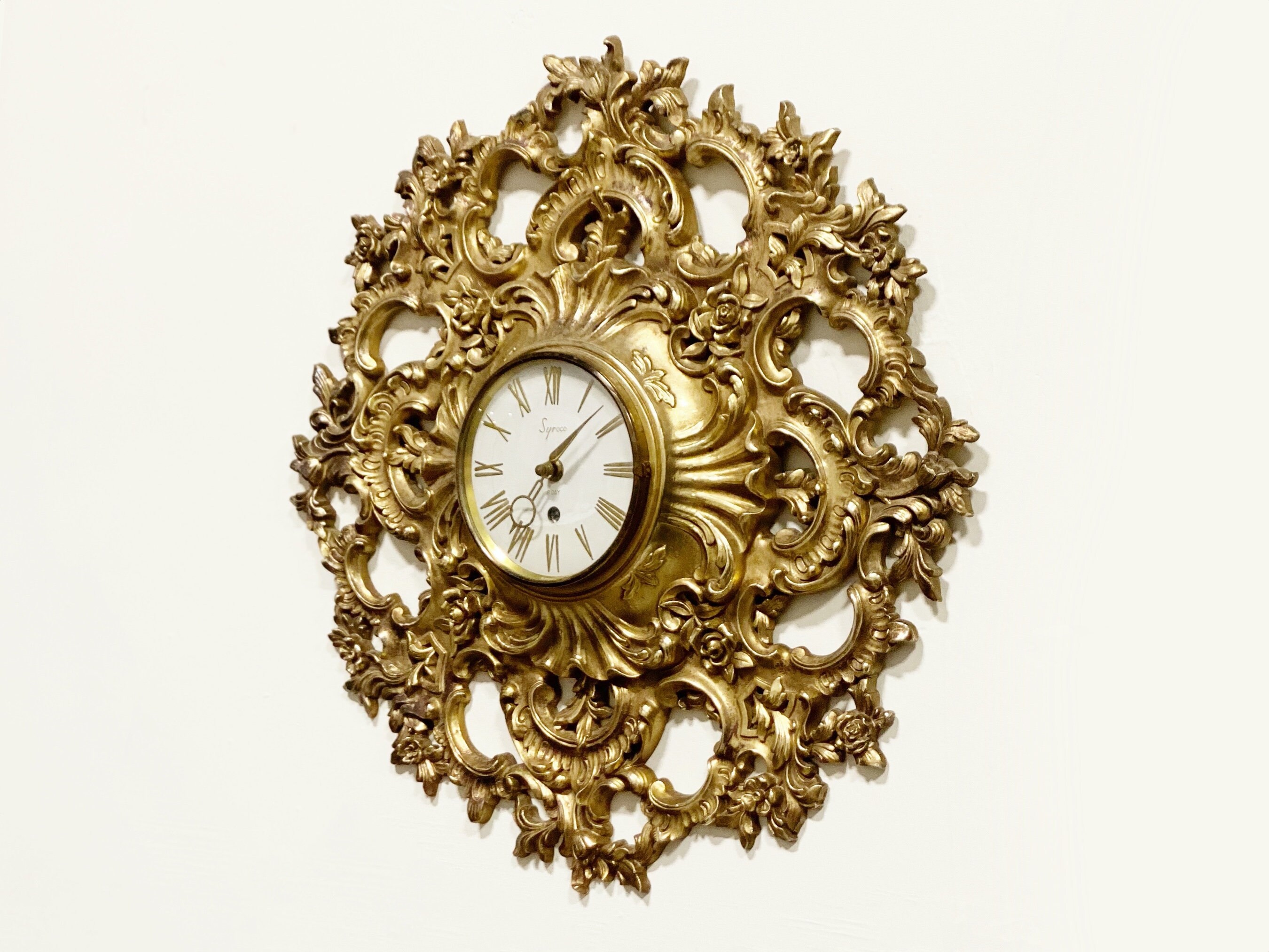 Vintage Mid-century Modern Gold Ornate Baroque Wall Clock by