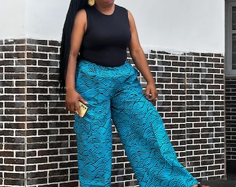 African Print Trousers Women | Ankara Pants Elastic Waist | Nigerian Wax Cotton Palazzo Wide Leg