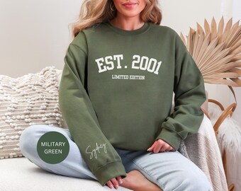 Custom 25th Birthday Sweatshirt, 25th Birthday Gift for Her, 25th Name On Sleeve Crewneck, Limited Edition Hoodie, 2001 Birth Year Sweater