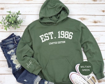 Sudadera personalizada para 40 cumpleaños, suéter con nombre en la manga, sudadera con capucha para 40 cumpleaños, cuello redondo para cumpleaños de 1986, regalos para ella y él en su 40 cumpleaños.