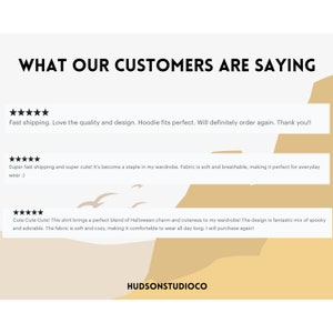 May include: Image features the text "WHAT OUR CUSTOMERS ARE SAYING" with customer reviews. The reviews mention quality, design, and comfort. The brand name "HUDSONSTUDIOCO" is also visible.