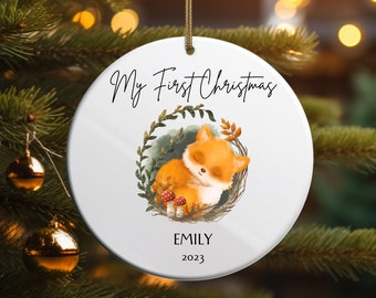 Woodland Baby's First Christmas Ornament, Custom Baby Ornament, Newborn Gifts, Baby's First Xmas, Newborn Keepsake, New Parents Gift, Fox