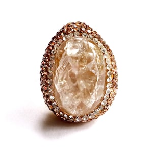 Genuine Quartz Cabochon Cocktail Ring With Champagne And Clear Rhinestone Accents 66.80 Carats On Adjustable Brass Band