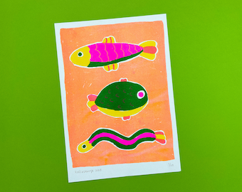Limitierte Risograph Druck – Bunte Fisch Illustration – A4 Wand Kunst