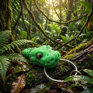 May include: A green snake-shaped keyring with a silver ring, set in a vibrant green jungle environment. The snake features detailed scales and large, brown eyes. The scene is filled with ferns, moss, and sunlight filtering through the trees.