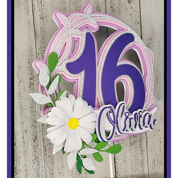 Sweet 16 cake topper, Daisy accent,16th birthday,16th Bday topper, Shimmering 16th birthday cake topper, A Silver, Purple,Pink ,Milestone